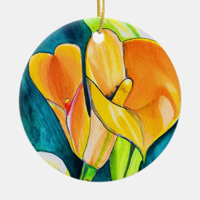 Orange Calla Lilie Blume Aquarellkunst Keramik Ornament (Vorne)