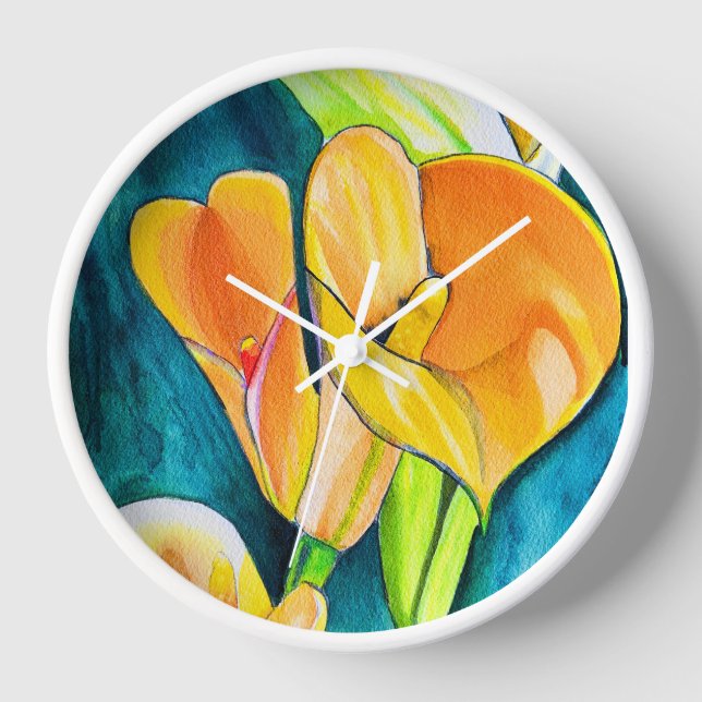 Orange Calla Lilie Blume Aquarellkunst Uhr (Vorderseite)