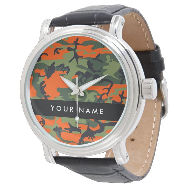 Orange Camouflage Pattern, Ihr Name, Personalisier Armbanduhr (Schrägansicht)