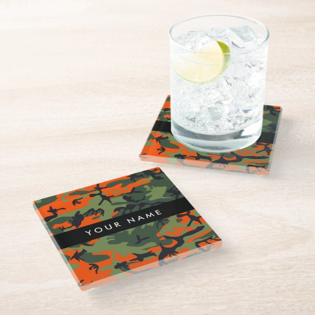 Orange Camouflage Pattern, Ihr Name, Personalisier Glasuntersetzer (Schrägansicht)