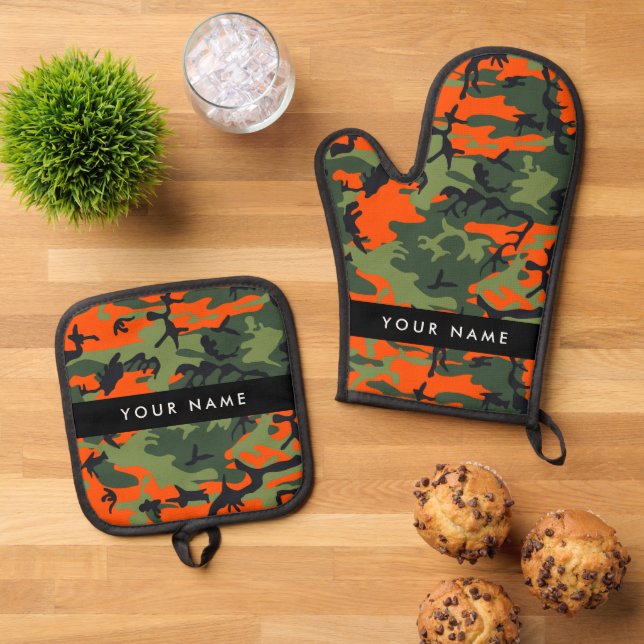 Orange Camouflage Pattern, Ihr Name, Personalisier Ofenhandschuh & Topflappen-Set (Oben Unten)