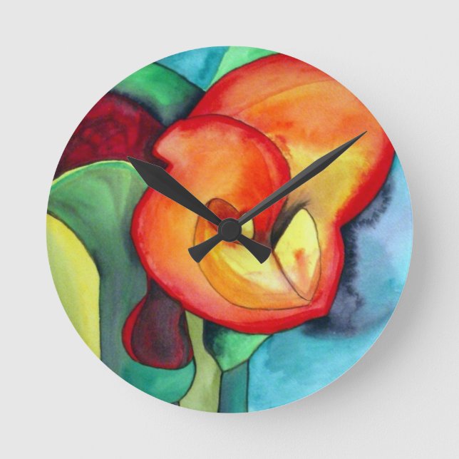Orange Canna lia Blume Originale Aquarellkunst Runde Wanduhr (Vorderseite)