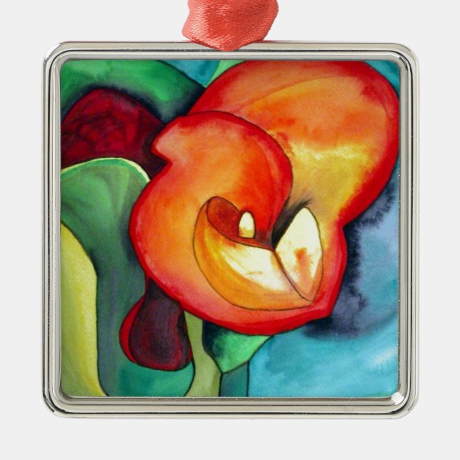 Orange Canna lia Blume Originale Aquarellkunst Silbernes Ornament (Vorne)