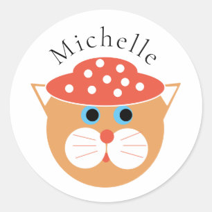 Orange Cartoon Cat Wear Hat Personalisierter Name Runder Aufkleber
