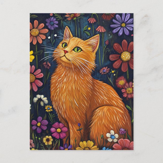 Orange Cat Amid farbenfrohe Blüten Postkarte (Vorderseite)