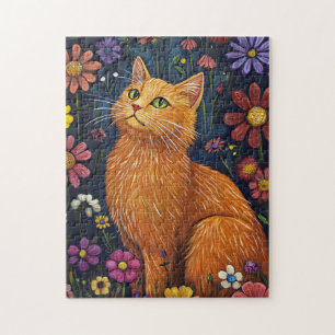 Orange Cat Amid farbenfrohe Blüten Puzzle