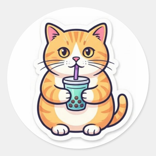 Orange Cat Drinking Juice Sticker Funny Cute Cat (Vorderseite)