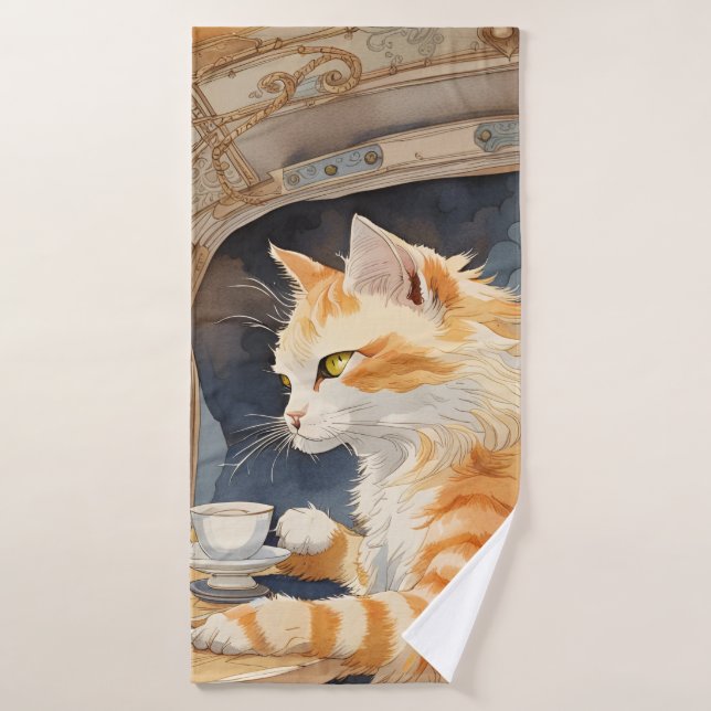 Orange Cat Drinking Tee Badhandtuch Set (Badehandtuch)