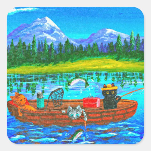 Orange Cat Fishing Creationarts Square Sticker (Vorderseite)