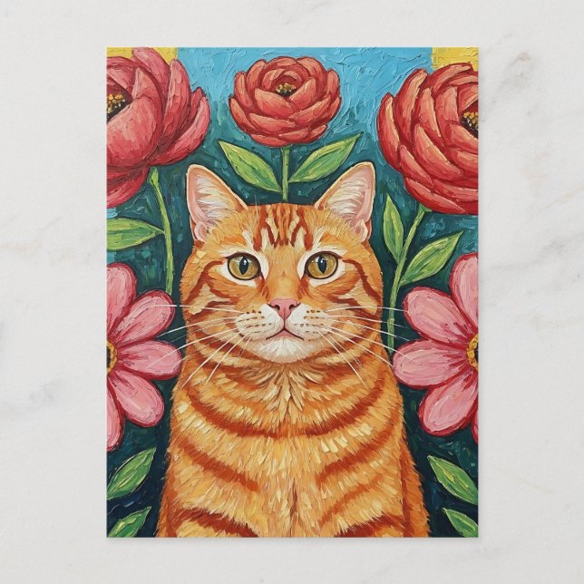 Orange Cat Folk Art Blume Postkarte (Vorderseite)