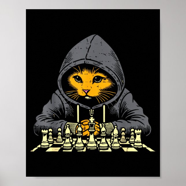 Orange Cat Hoodie Playing Chess Game Cool Women Me Poster (Vorne)
