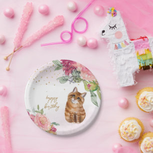 Orange Cat Illustration Happy Birthday Girl Party Pappteller