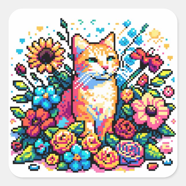 Orange Cat in Blume Pixel Art Quadratischer Aufkleber (Vorderseite)