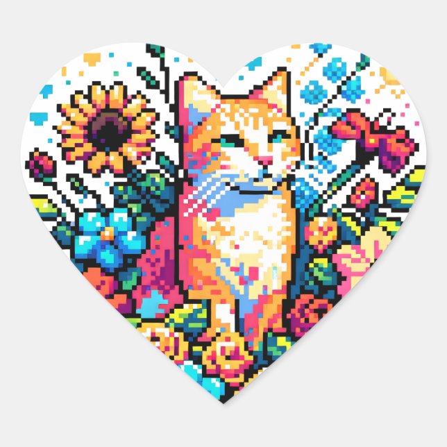 Orange Cat in Flowers Pixel Art Herz-Aufkleber (Vorderseite)