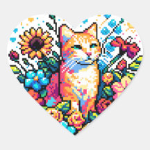 Orange Cat in Flowers Pixel Art