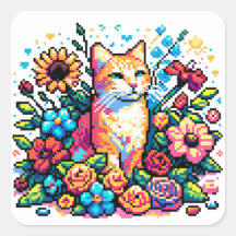 Orange Cat in Flowers Pixel Art