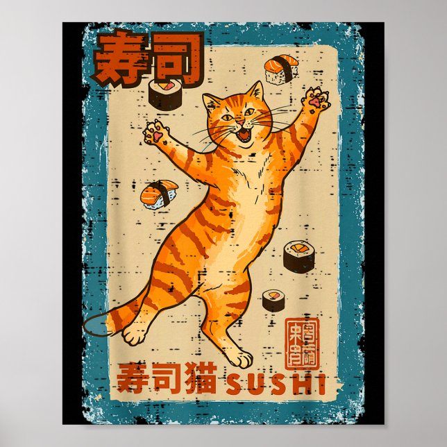 Orange Cat Jumng With Sushi Japanese Food Men Wome Poster (Vorne)