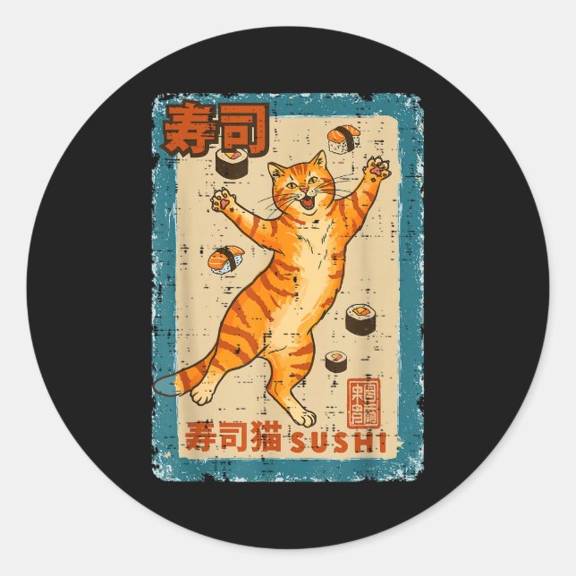 Orange Cat Jumng With Sushi Japanese Food Men Wome Runder Aufkleber (Vorderseite)