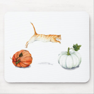 Orange Cat Jumping between Pumpkins Mousepad