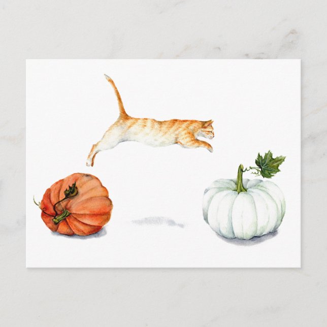 Orange Cat Jumping between Pumpkins Postkarte (Vorderseite)