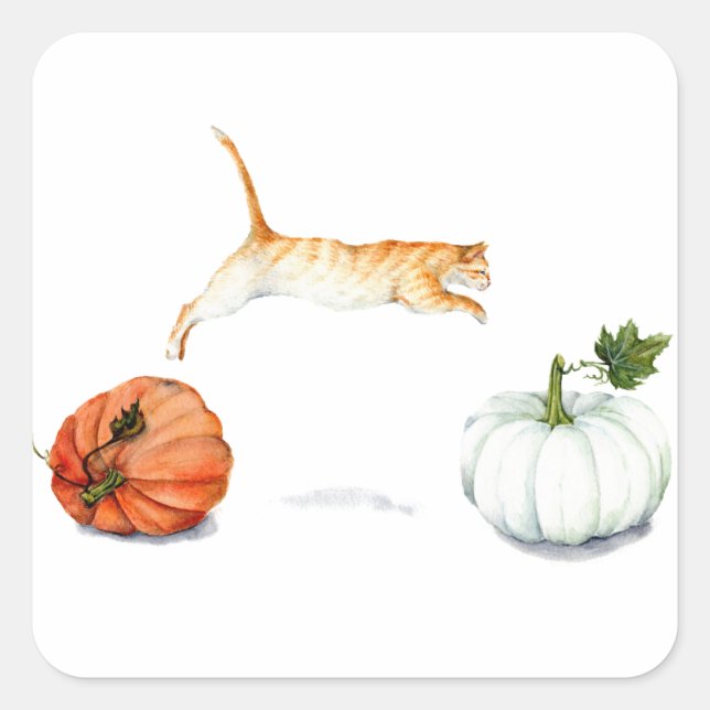 Orange Cat Jumping between Pumpkins Quadratischer Aufkleber (Vorderseite)