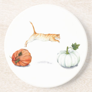 Orange Cat Jumping between Pumpkins Untersetzer