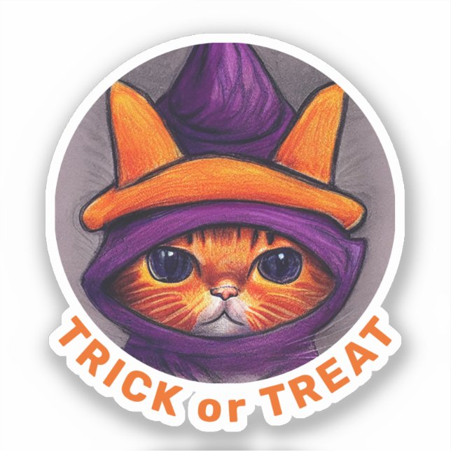 Orange Cat Lila Hexenhut Trick Leckerei Halloween Aufkleber (Vorderseite)