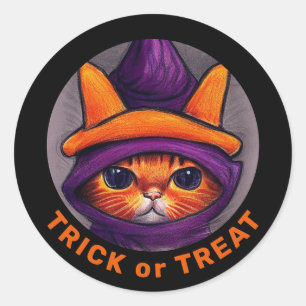 Orange Cat Lila Hexenhut Trick Leckerei Halloween Runder Aufkleber
