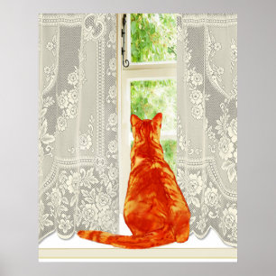 Orange Cat Looking out Window Traditionelle Kunst Poster