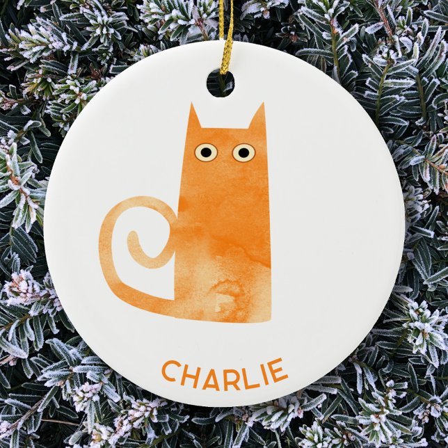 Orange Cat Personalisiert Keramik Ornament (Fun watercolor Orange Ginger Cat personalized ceramic ornament)