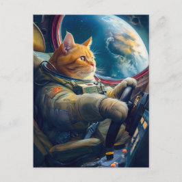 Orange cat piloting spacecraft in orbit feiertagspostkarte