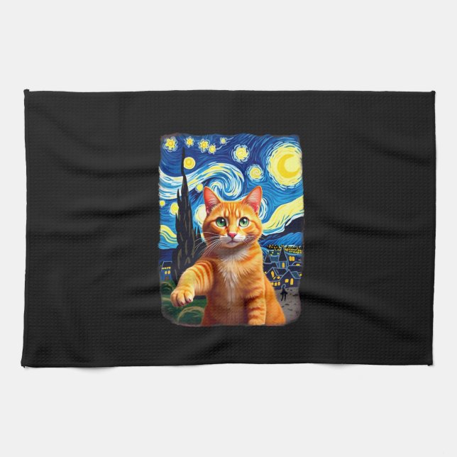 Orange Cat Selfie  Starry Night Cat Mom Cat Lovers Geschirrtuch (Horizontal)