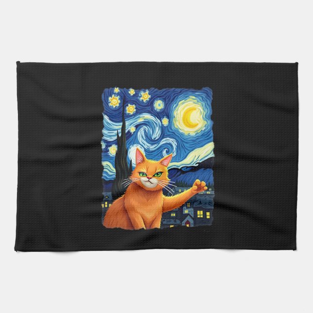 Orange Cat Selfie  Starry Night Cat Mom Cat Lovers Geschirrtuch (Horizontal)