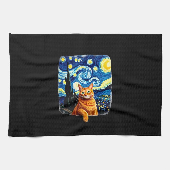 Orange Cat Selfie  Starry Night Cat Mom Cat Lovers Geschirrtuch (Horizontal)