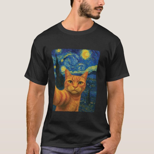 Orange Cat Selfie Van Gogh s Starry Night Cat Mom  T-Shirt (Vorderseite)
