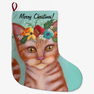 Orange Cat Whimsical Art Großer Weihnachtsstrumpf