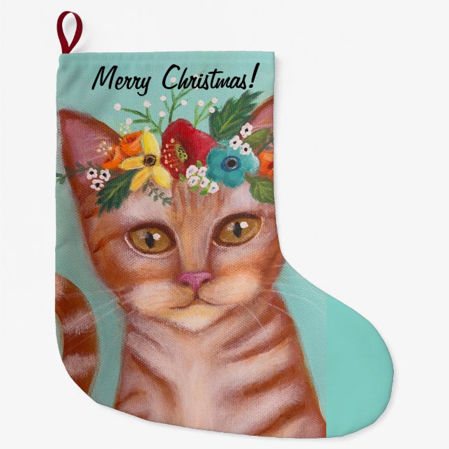 Orange Cat Whimsical Art Großer Weihnachtsstrumpf (Vorderseite)