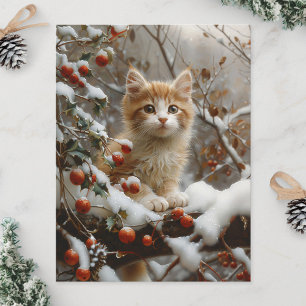 Orange Cat Winter Berries Vintag Postkarte