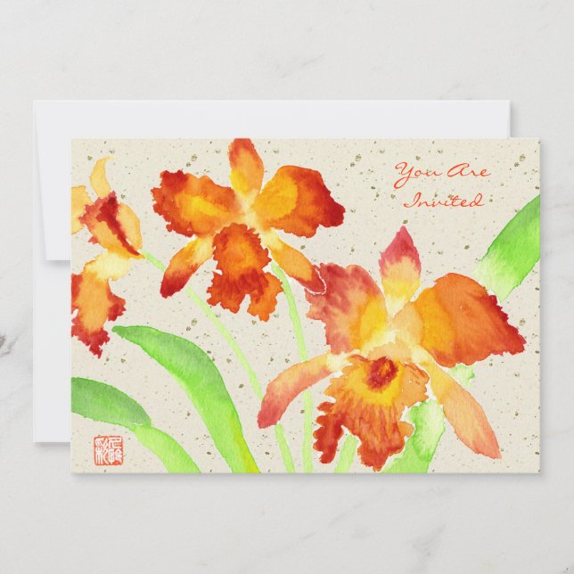Orange Cattleya Orchids Aquarellmalerei Einladung (Vorderseite)