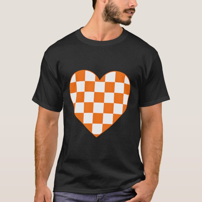 Orange Checkered Karierte Liebe Herzrasen Schach L T-Shirt (Vorderseite)