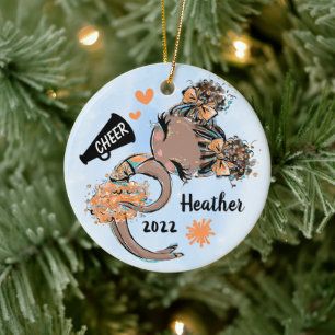 Orange Cheerleader Girl Ornament Dark Skin & Hair