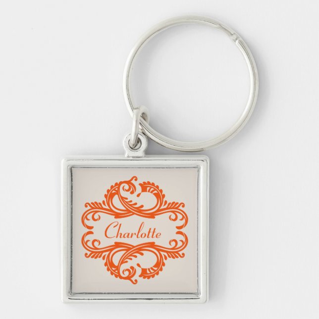 Orange Chic Damask Premium Schlüsselanhänger (Vorne)