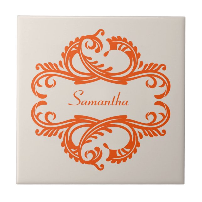 Orange Chic Damask Tile Fliese (Vorderseite)