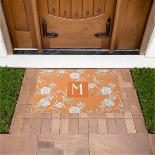 Orange Chinoiserie Blume Monogram Fußmatte