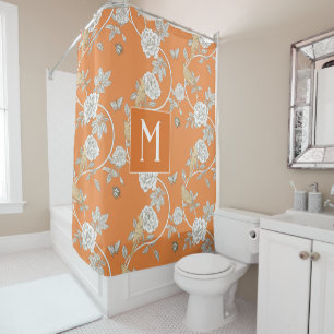 Orange Chinoiserie Floral Monogram Duschvorhang