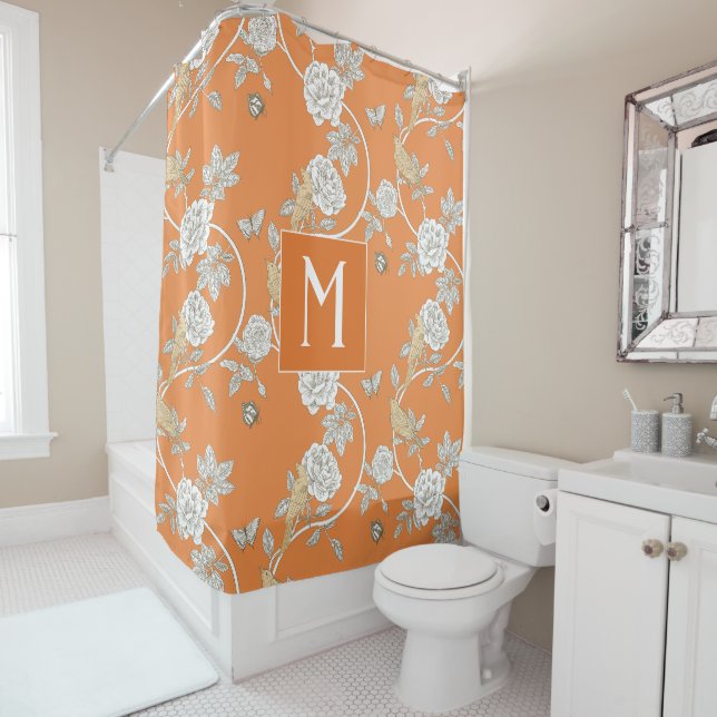 Orange Chinoiserie Floral Monogram Duschvorhang (Beispiel)
