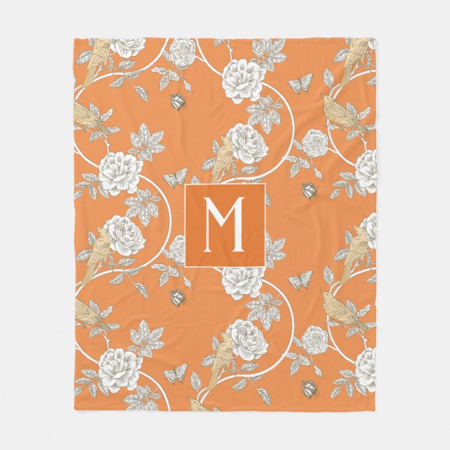 Orange Chinoiserie Floral Monogram Fleecedecke (Vorderseite)