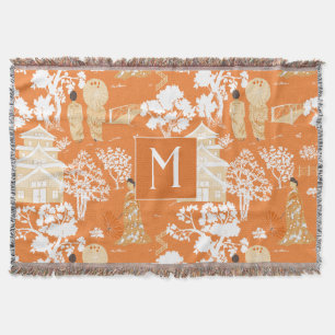 Orange Chinoiserie Pagodas Monogram Decke