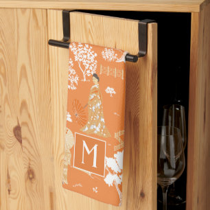 Orange Chinoiserie Pagodas Monogram Geschirrtuch