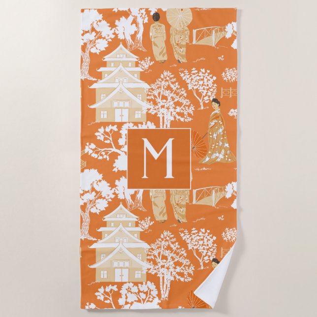 Orange Chinoiserie Pagodas Monogram Strandtuch (Vorderseite)